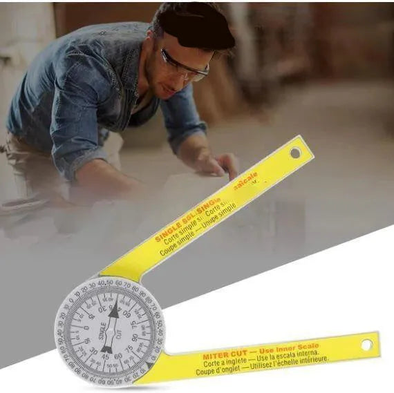 Yellow and white cross-border horizontal angle ruler tool with laser engraved scales on hardened plastic.