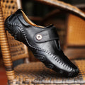 Men's Korean-style casual leather shoes in black with microfiber upper, rubber sole, round toe, and lace closure