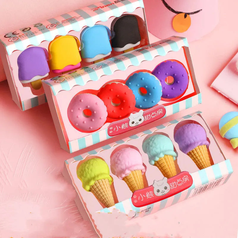 Cartoon themed eraser set with cone, ice cream, donut and lollipop shapes for children