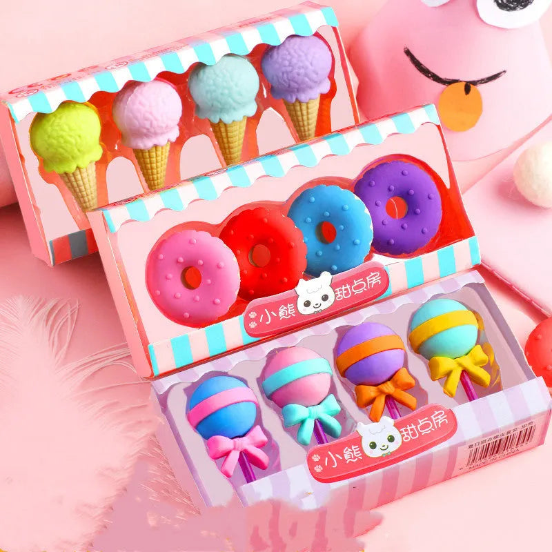 Cartoon themed eraser set with cone, ice cream, donut and lollipop shapes for children