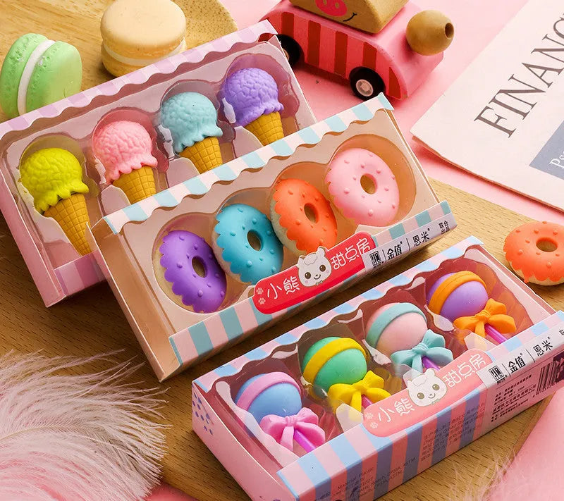 Cartoon themed eraser set with cone, ice cream, donut and lollipop shapes for children