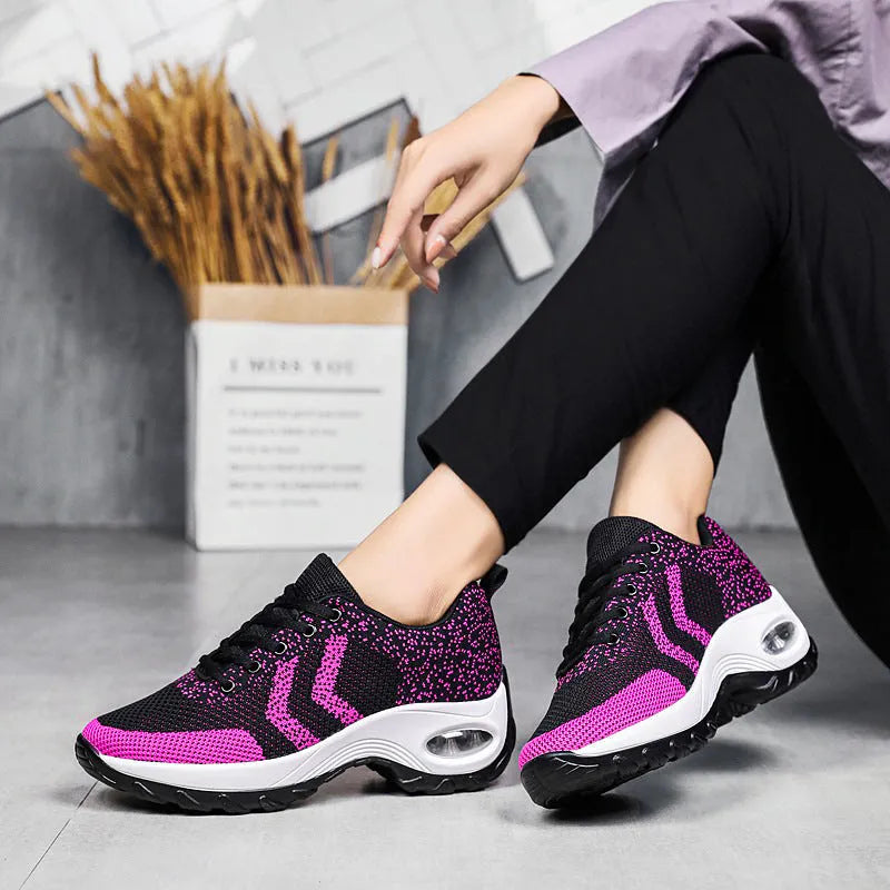 Women's air cushion heightening shoes with flying weave upper in Black, Black Red, and Rose Red for dancing and outdoor sports