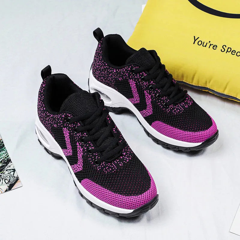 Women's air cushion heightening shoes with flying weave upper in Black, Black Red, and Rose Red for dancing and outdoor sports