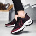 Women's air cushion heightening shoes with flying weave upper in Black, Black Red, and Rose Red for dancing and outdoor sports