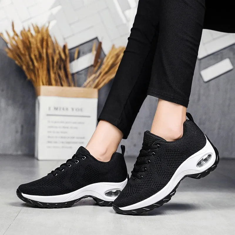 Women's air cushion heightening shoes with flying weave upper in Black, Black Red, and Rose Red for dancing and outdoor sports
