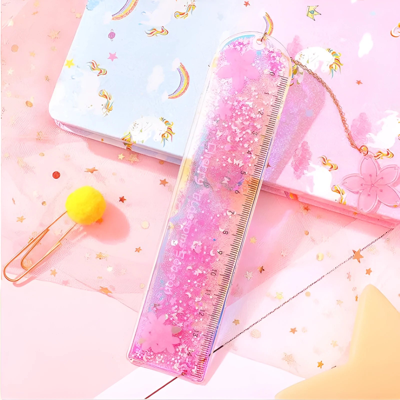 15cm laser-cut PVC bookmark ruler in pastel colours showing straightedge and decorative design
