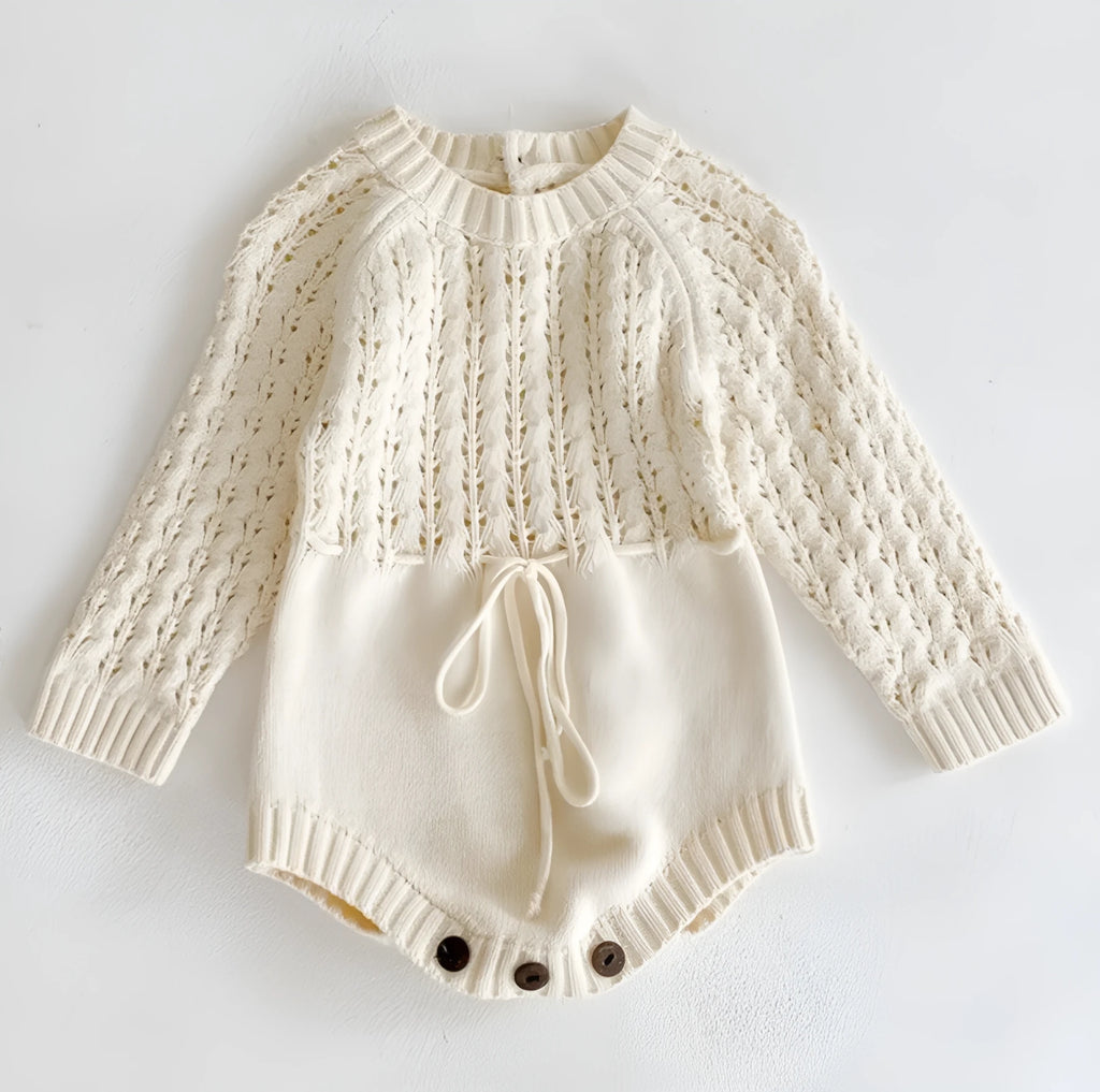 Girl baby knitted hollow waist girdle long sleeves dress with hidden button closure in baby pink