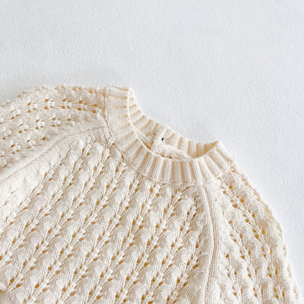 Girl baby knitted hollow waist girdle long sleeves dress with hidden button closure in baby pink