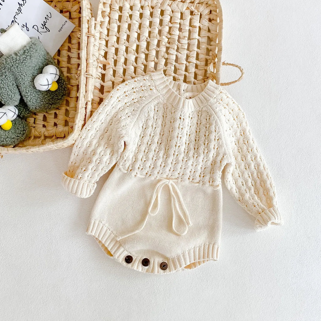 Girl baby knitted hollow waist girdle long sleeves dress with hidden button closure in baby pink