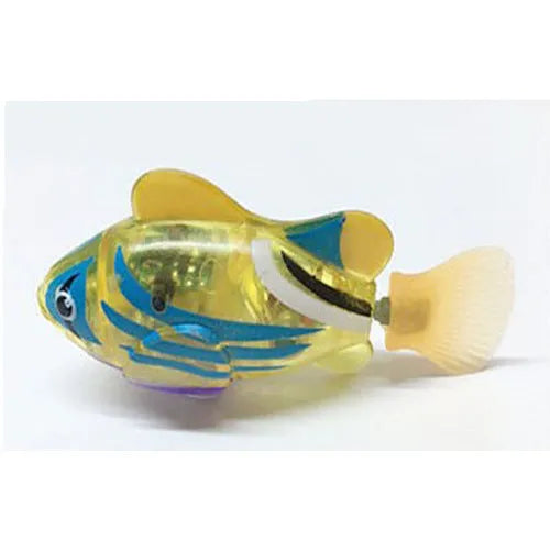 Electric swimming fish toy with LED lights and moving fins, 7.5cm plastic body, available in 8 colours, for pets and babies.