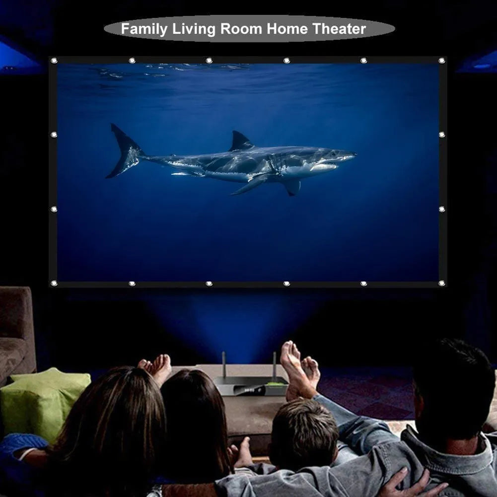 White 150-inch 4:3 foldable polyester soft projector screen laid out flat.