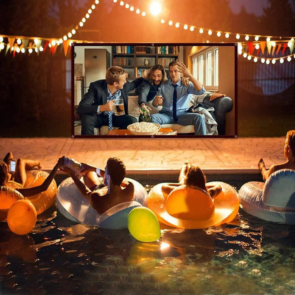 White 150-inch 4:3 foldable polyester soft projector screen laid out flat.