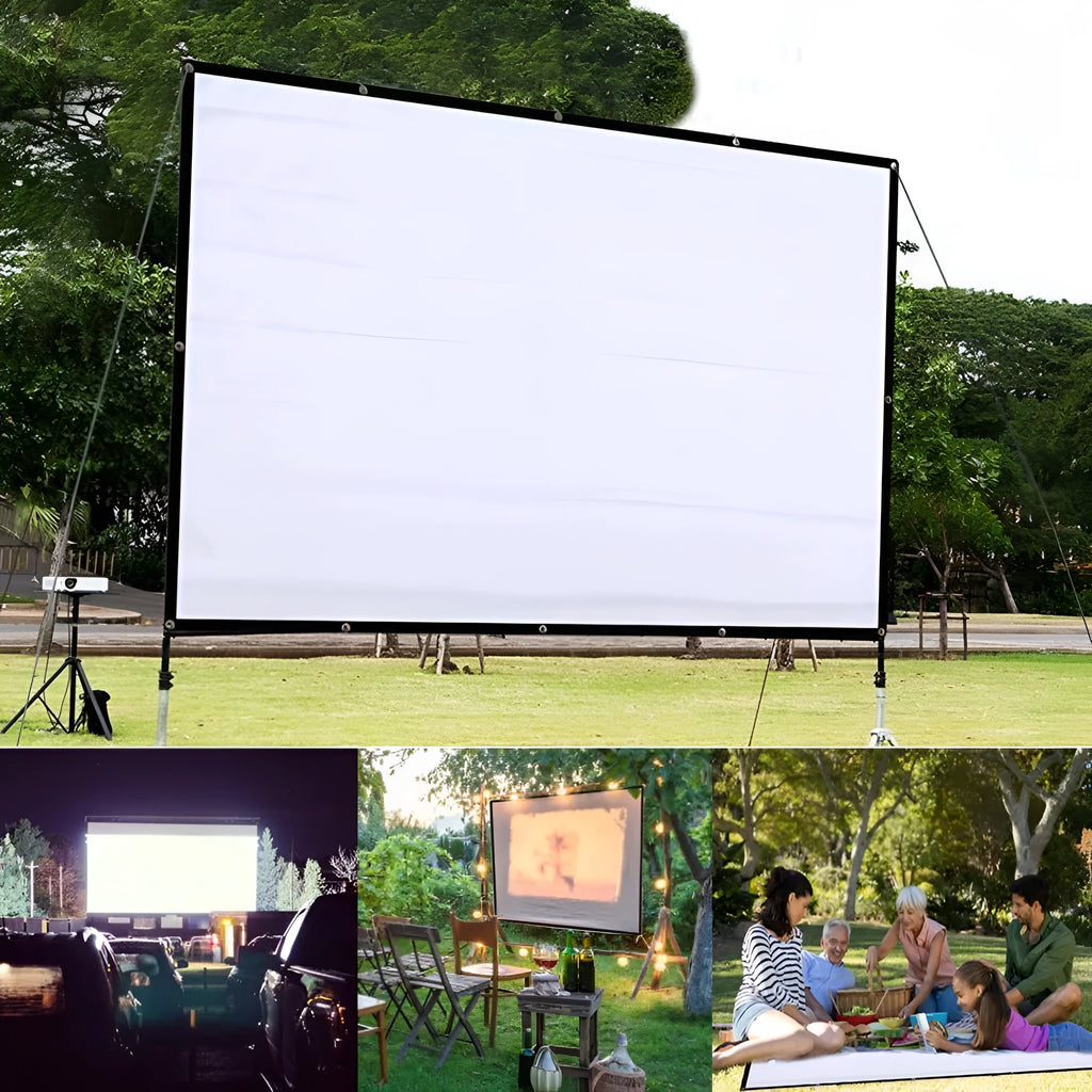 White 150-inch 4:3 foldable polyester soft projector screen laid out flat.