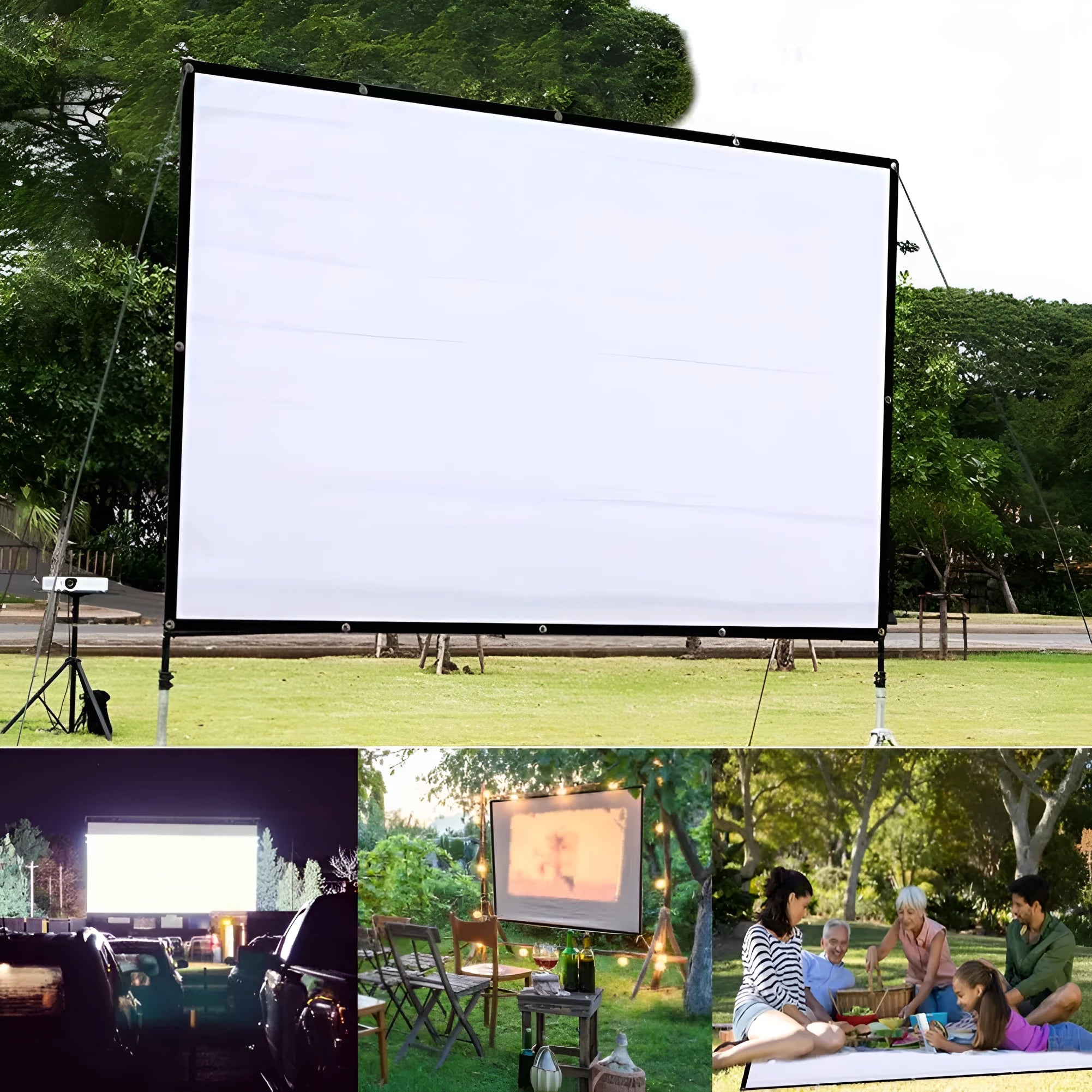 White 150-inch 4:3 foldable polyester soft projector screen laid out flat.