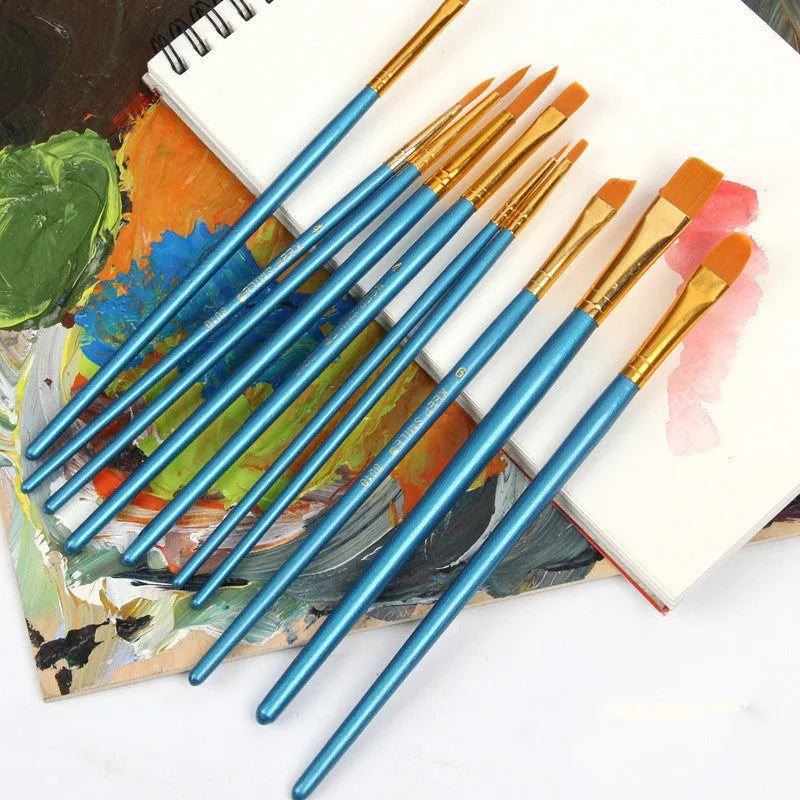 Ten blue-handled wooden round head gouache brushes for watercolour painting at 20 cm length