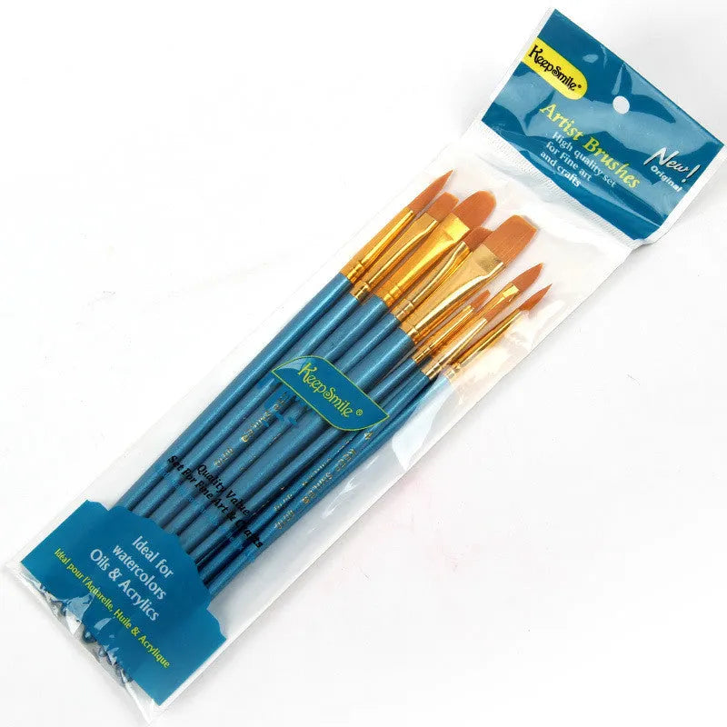 Ten blue-handled wooden round head gouache brushes for watercolour painting at 20 cm length