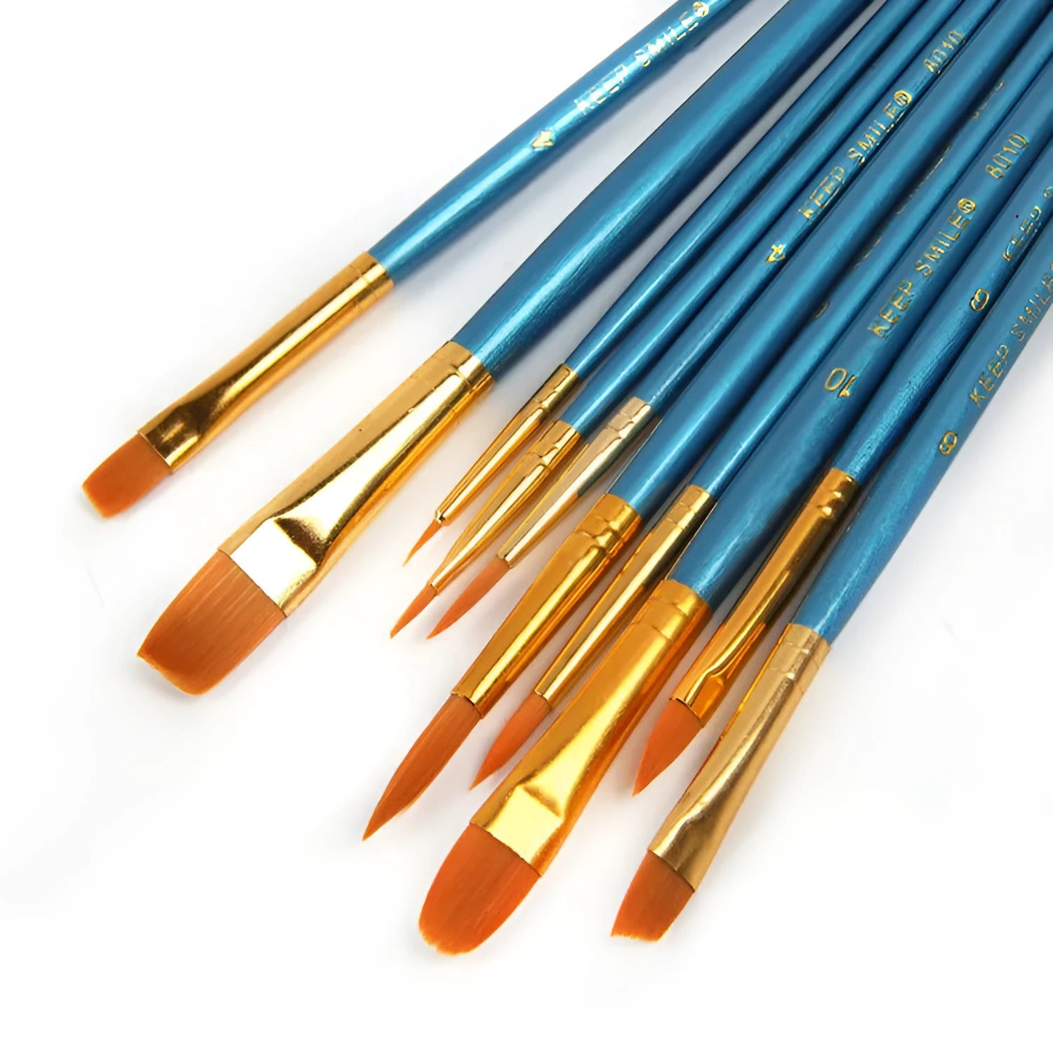 Ten blue-handled wooden round head gouache brushes for watercolour painting at 20 cm length