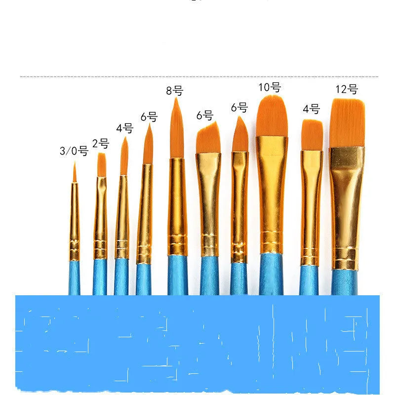 Ten blue-handled wooden round head gouache brushes for watercolour painting at 20 cm length