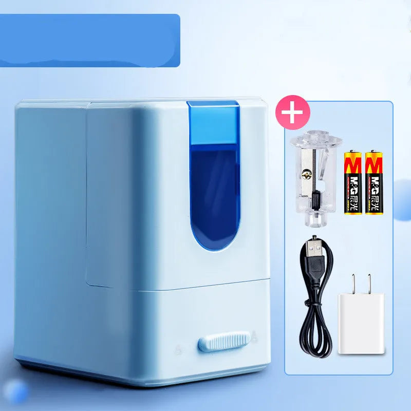 Automatic electric pencil sharpener in blue with spare tool holder and power cord on desk