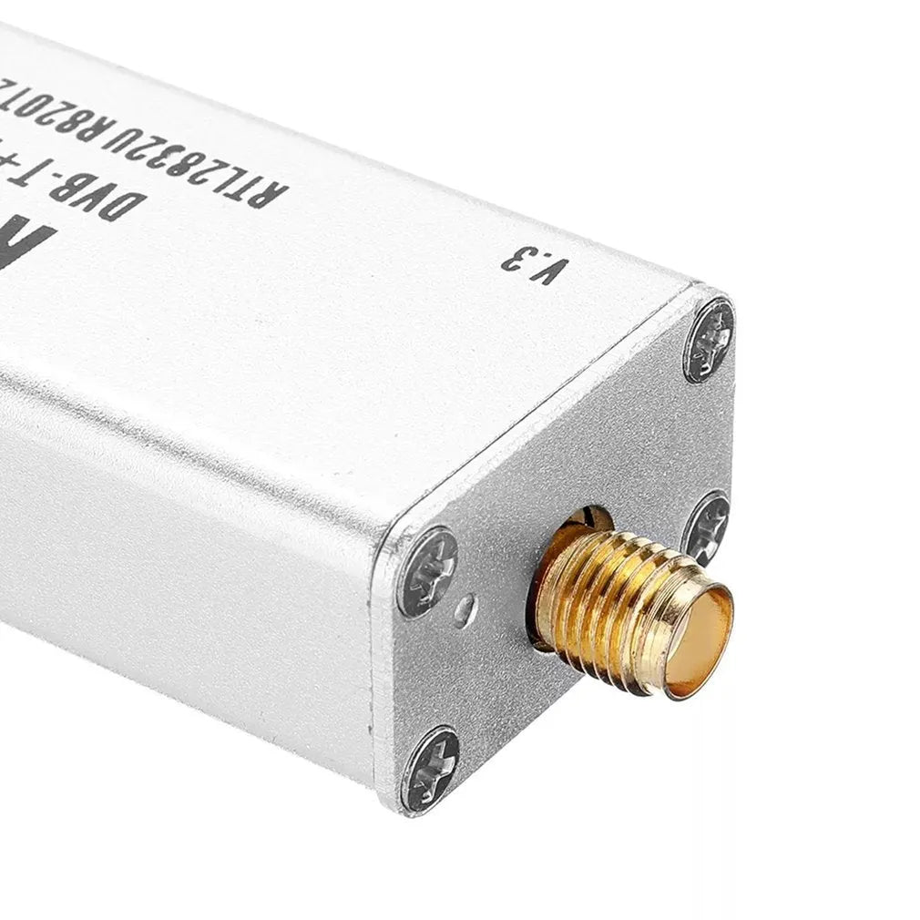 Black metal A300U all-band software-defined radio SDR receiver with gold SMA connector for aviation and broadcast monitoring.