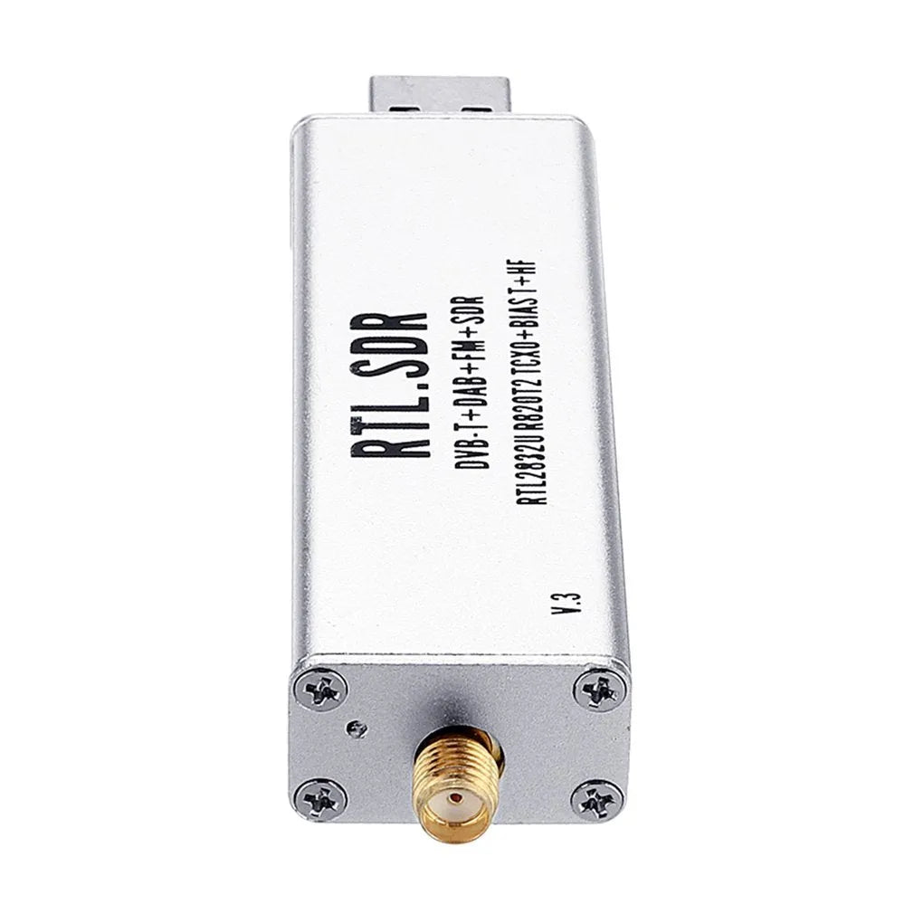 Black metal A300U all-band software-defined radio SDR receiver with gold SMA connector for aviation and broadcast monitoring.