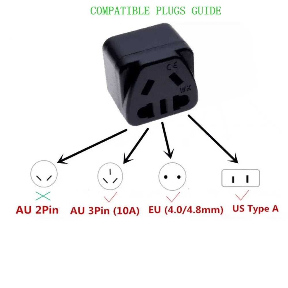 Square white UK to international power adapter with five sockets and a grounded three-pin plug.