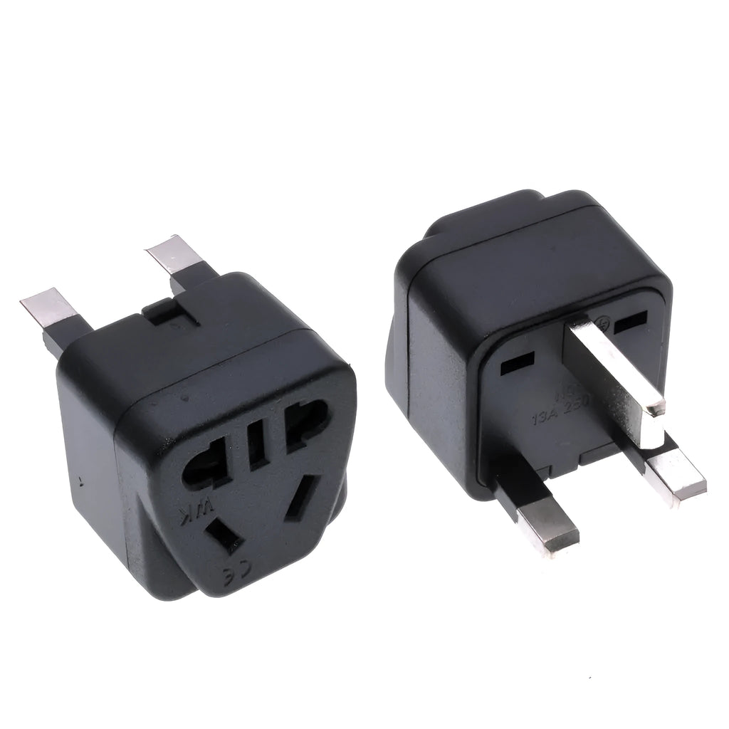 Square white UK to international power adapter with five sockets and a grounded three-pin plug.