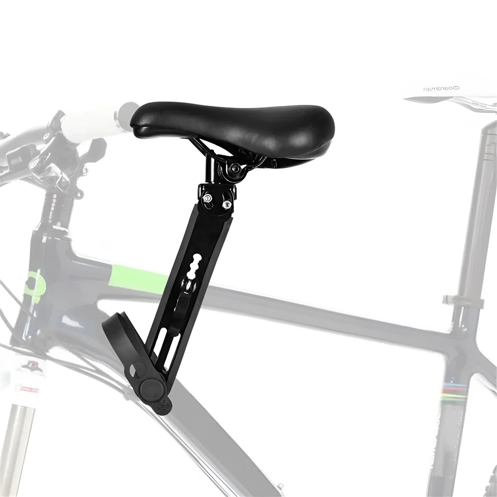 Black front-mounted kids bike seat on a mountain bike with quick-release attachment and rubber protection