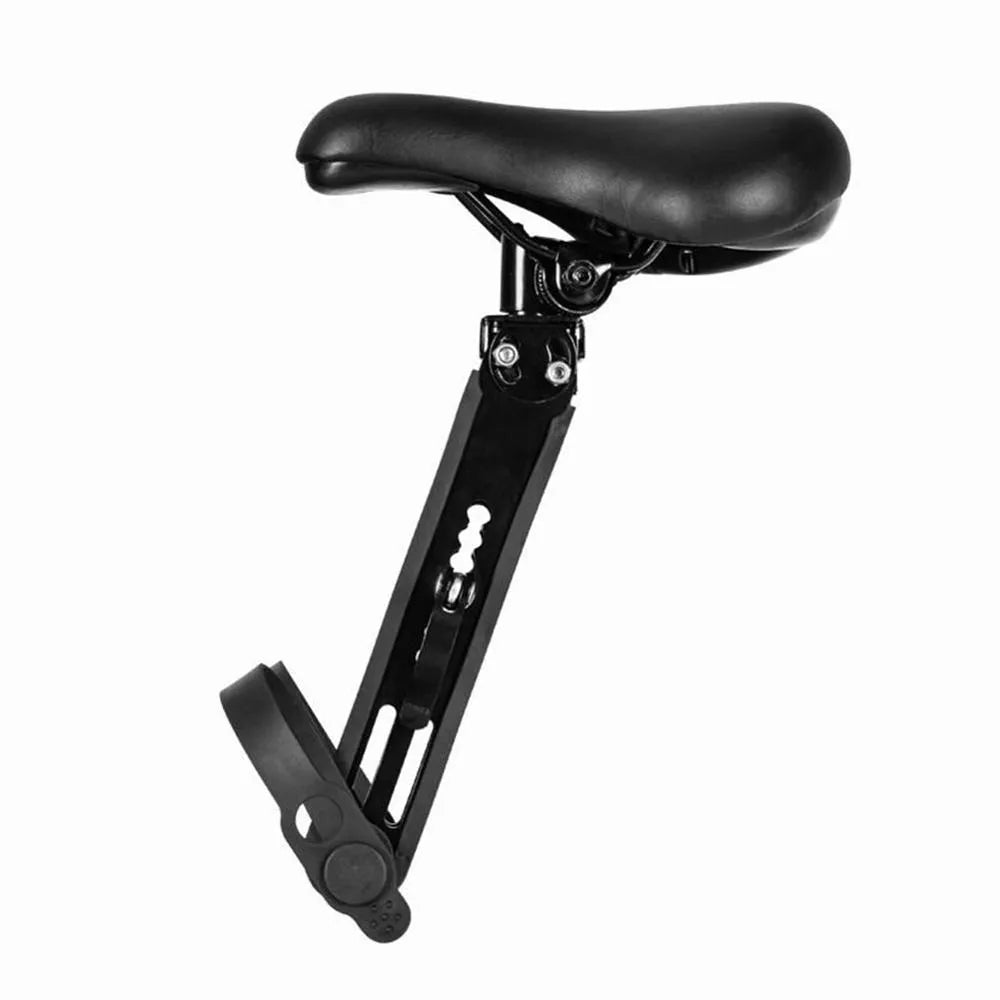 Black front-mounted kids bike seat on a mountain bike with quick-release attachment and rubber protection