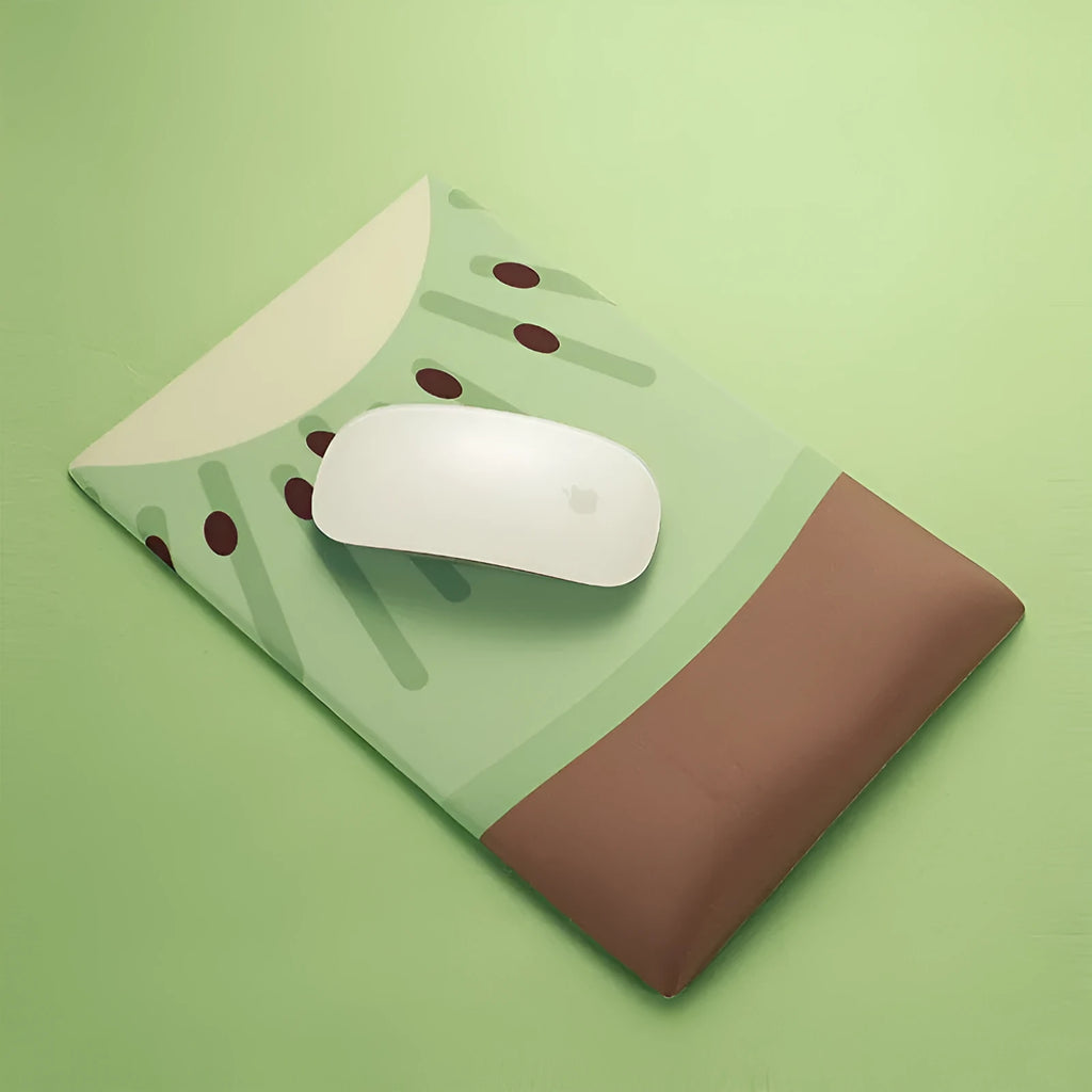 Thick grey wrist support mouse pad with a cute printed design, showing its 20mm elevated rest.