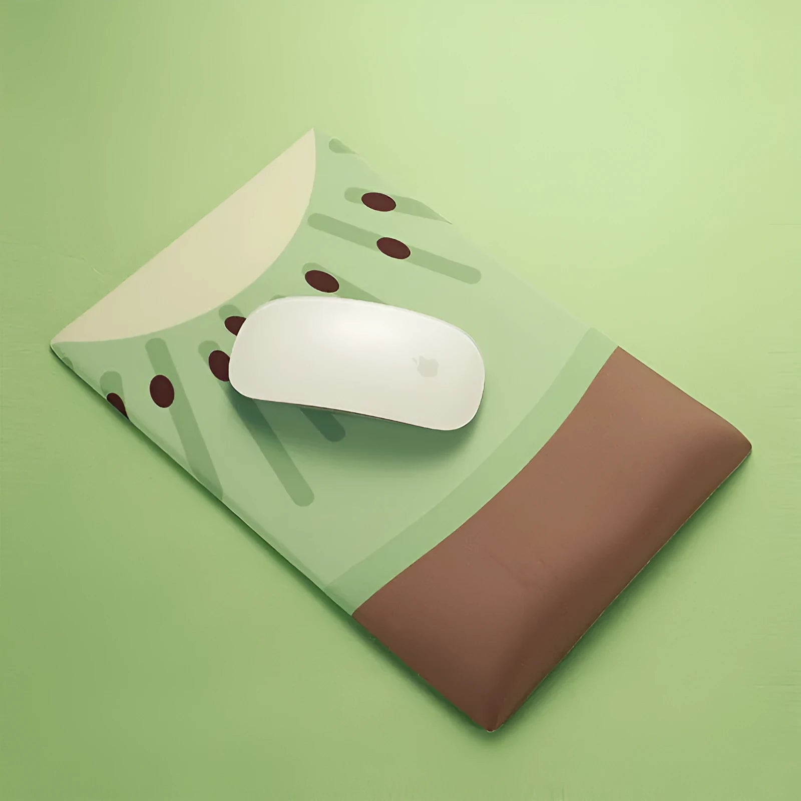 Thick grey wrist support mouse pad with a cute printed design, showing its 20mm elevated rest.