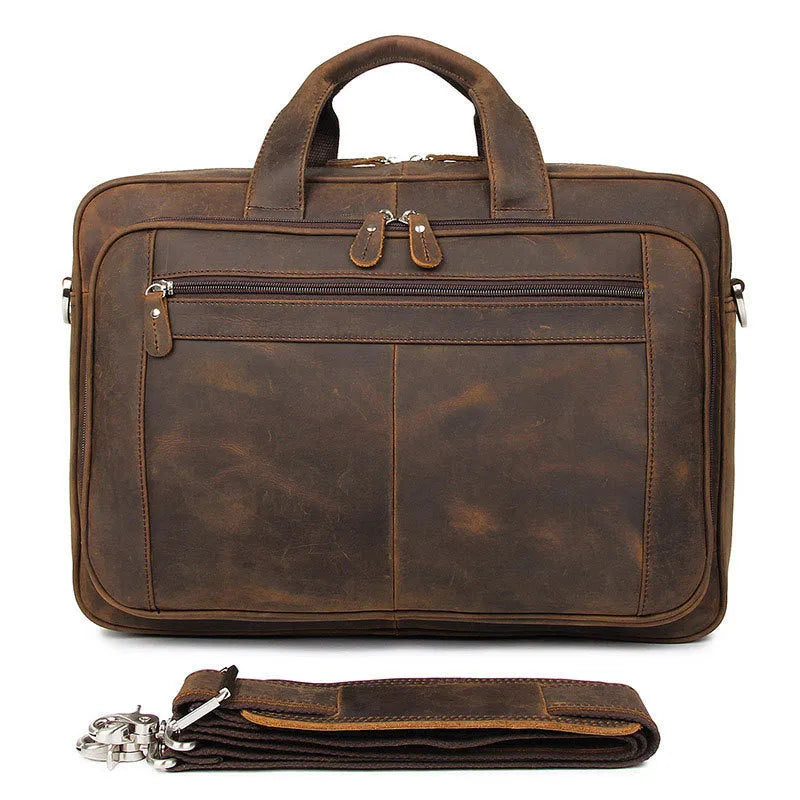Men's dark brown Crazy Horse leather laptop bag, 43x15x30.5cm, with hard handle and zipper pockets.