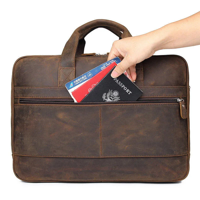 Men's dark brown Crazy Horse leather laptop bag, 43x15x30.5cm, with hard handle and zipper pockets.