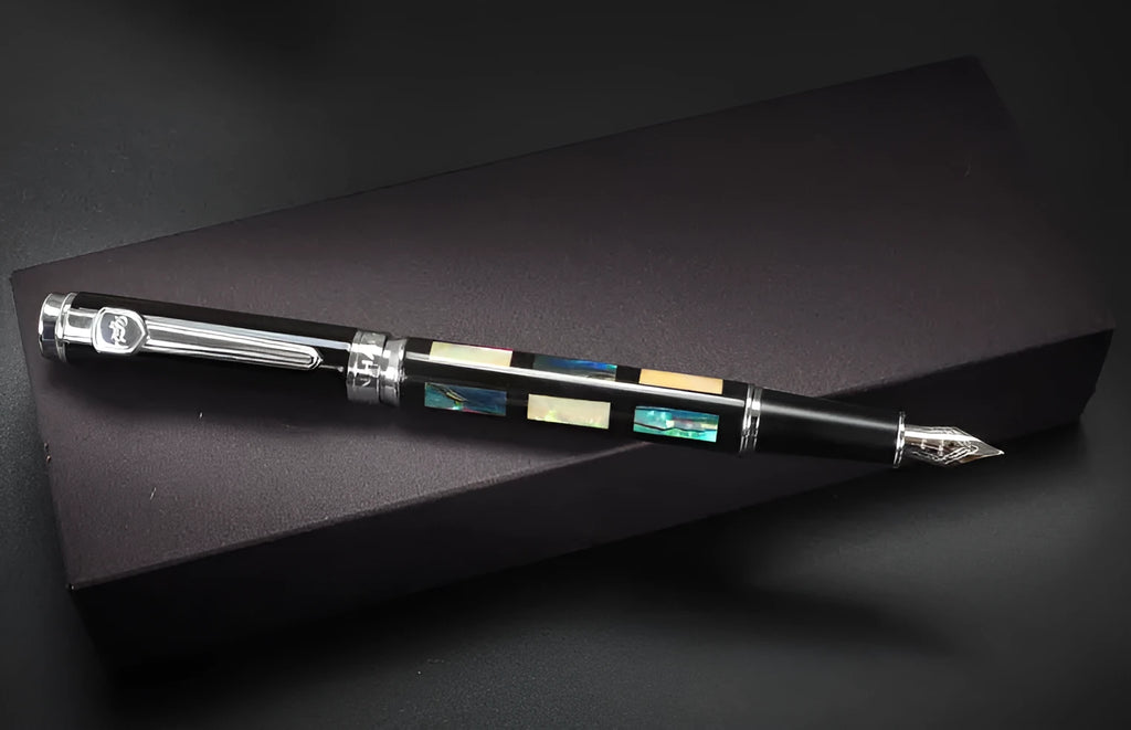 Metal ceramic colour lacquer pen with choice of rosewood, peach wood, plum blossom, or shell finish, showing three nib size options.