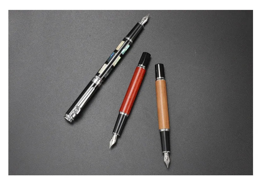 Metal ceramic colour lacquer pen with choice of rosewood, peach wood, plum blossom, or shell finish, showing three nib size options.