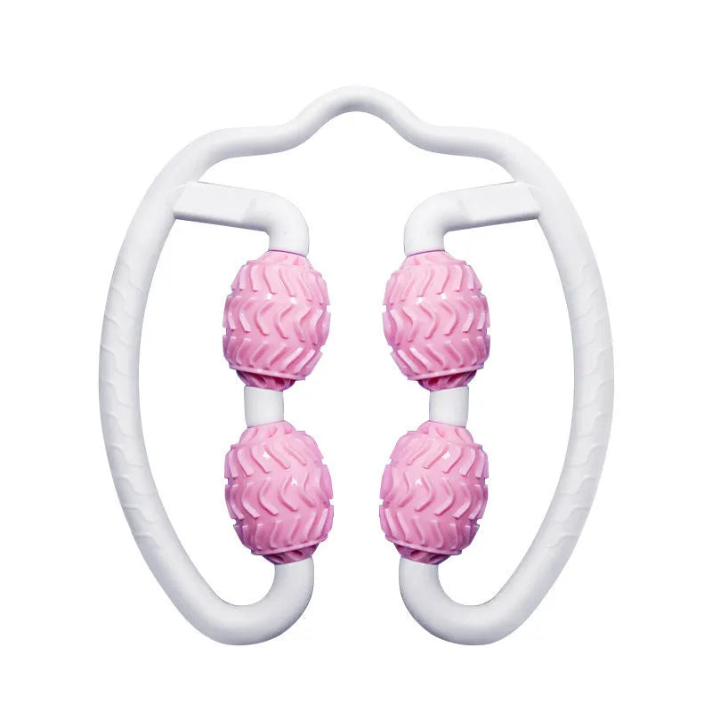Pink and purple silicone annular leg massage roller for calf and thigh muscle recovery