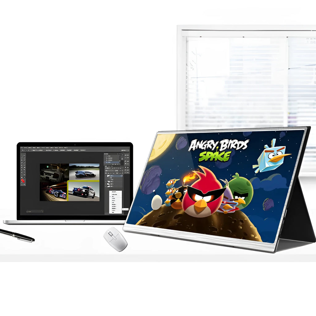 Zeuslap 15 inch ultra-thin portable IPS monitor with cables on a desk