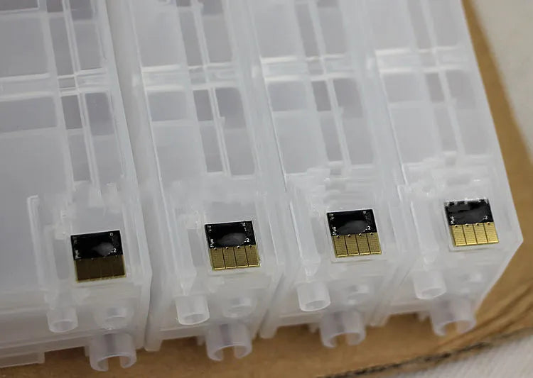 HP970 compatible refillable ink cartridge with chip, 100ml capacity, shown in choice of black, blue, red or yellow.