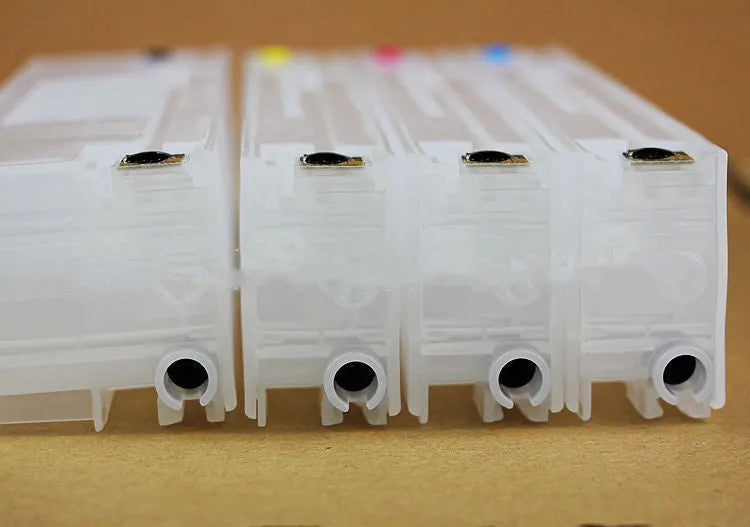 HP970 compatible refillable ink cartridge with chip, 100ml capacity, shown in choice of black, blue, red or yellow.