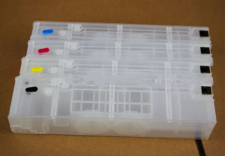 HP970 compatible refillable ink cartridge with chip, 100ml capacity, shown in choice of black, blue, red or yellow.