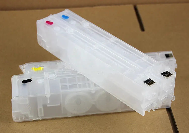 HP970 compatible refillable ink cartridge with chip, 100ml capacity, shown in choice of black, blue, red or yellow.