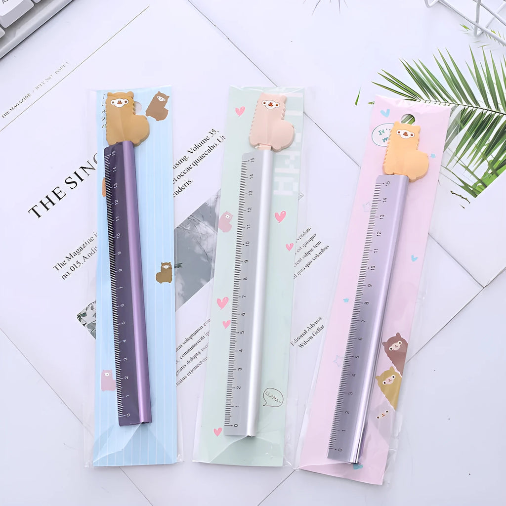 Alpaca pattern printed aluminium ruler with centimetre scale and non-slip rubber strip, 30 cm long.