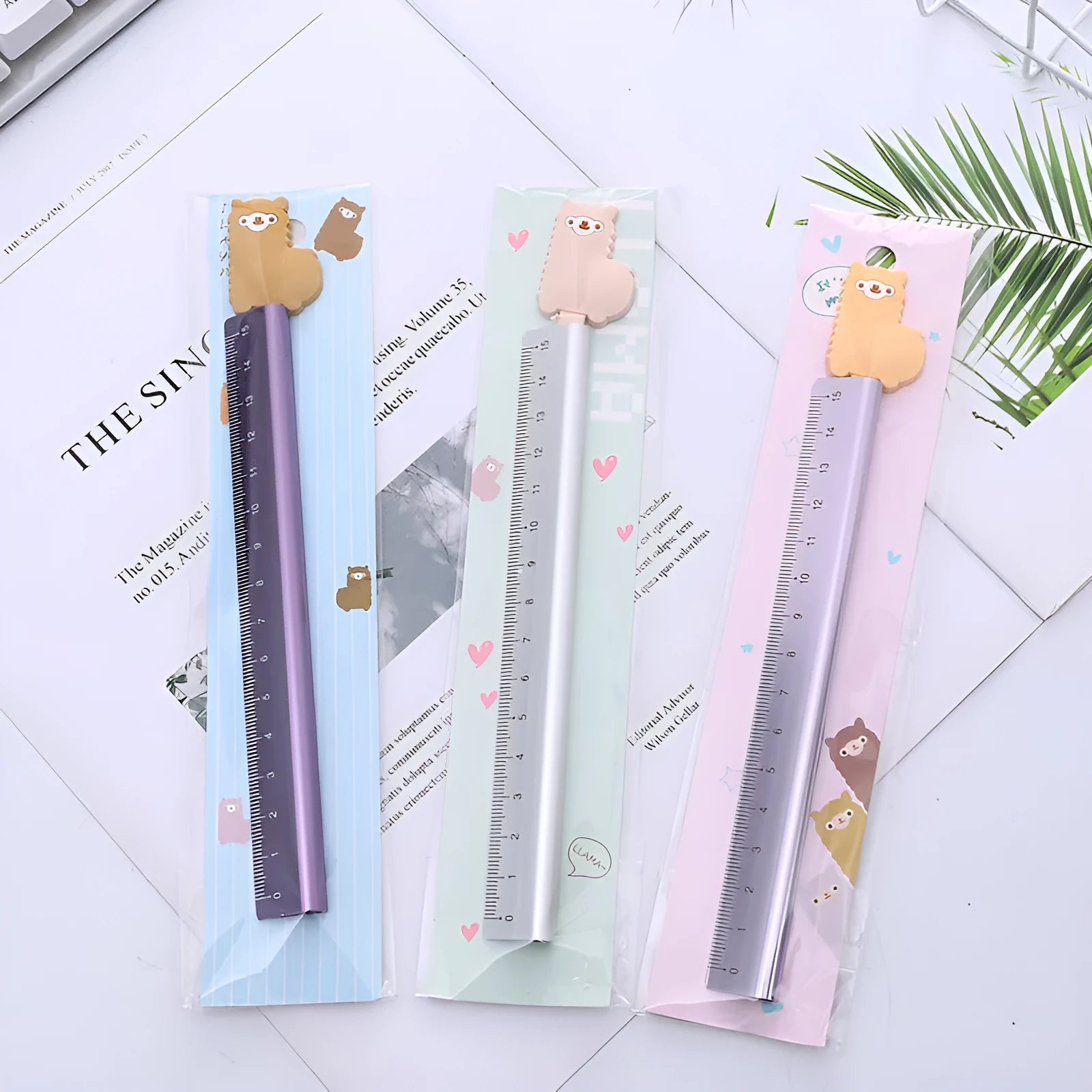 Alpaca pattern printed aluminium ruler with centimetre scale and non-slip rubber strip, 30 cm long.