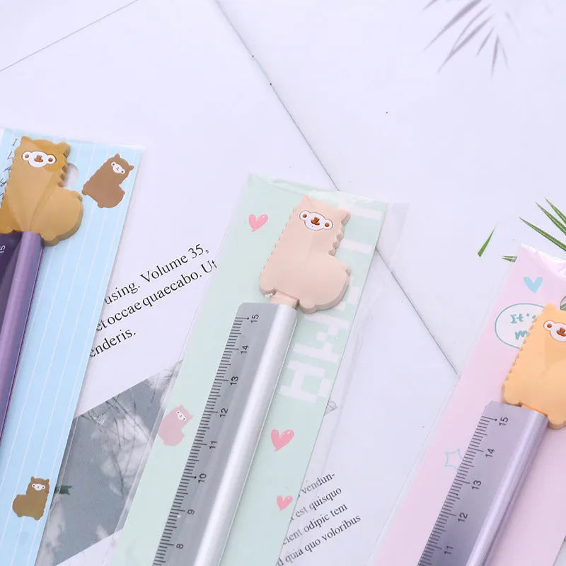 Alpaca pattern printed aluminium ruler with centimetre scale and non-slip rubber strip, 30 cm long.