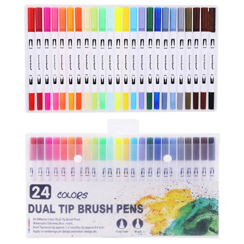 Set of double-headed brush marker pens with fine tip and brush tip in a PP storage case.