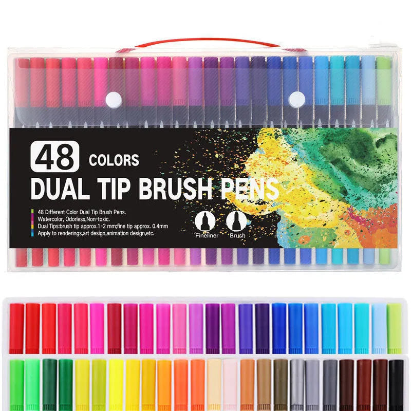 Set of double-headed brush marker pens with fine tip and brush tip in a PP storage case.