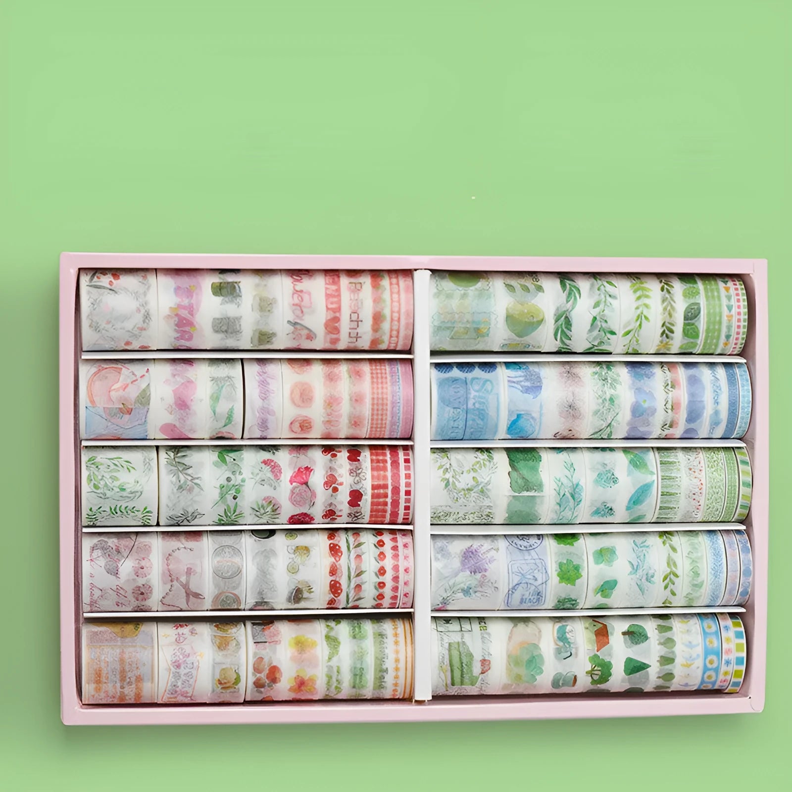 100 rolls of antique character printed hand account tape in a box showing multiple widths and colours