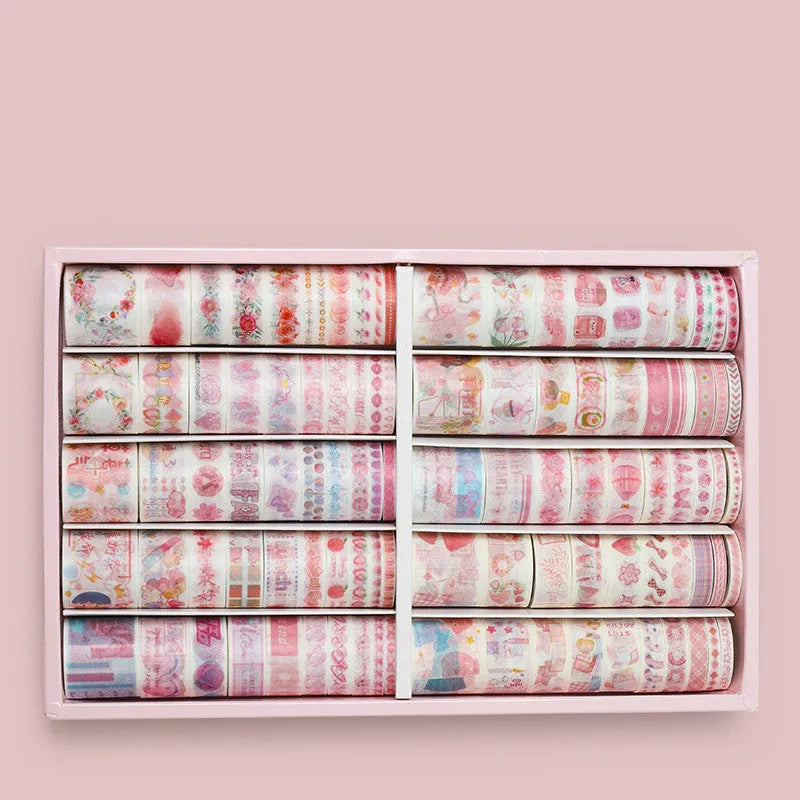 100 rolls of antique character printed hand account tape in a box showing multiple widths and colours