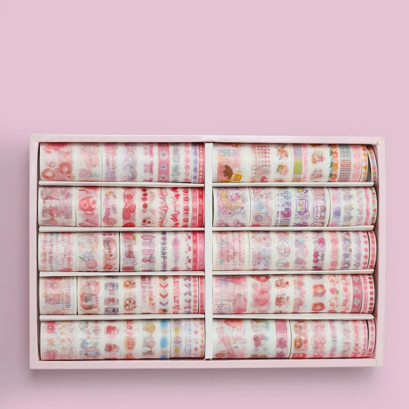 100 rolls of antique character printed hand account tape in a box showing multiple widths and colours