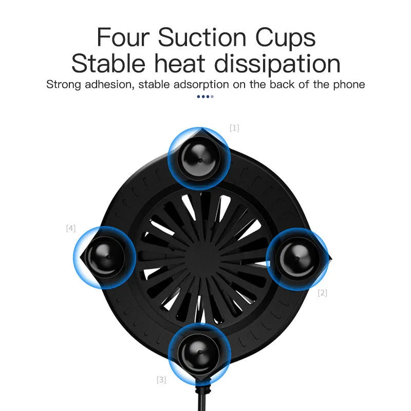 Black USB mobile phone cooling fan with suction cup base attached to smartphone